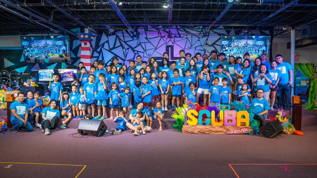Kids and volunteers at Vacation Bible School 2024
